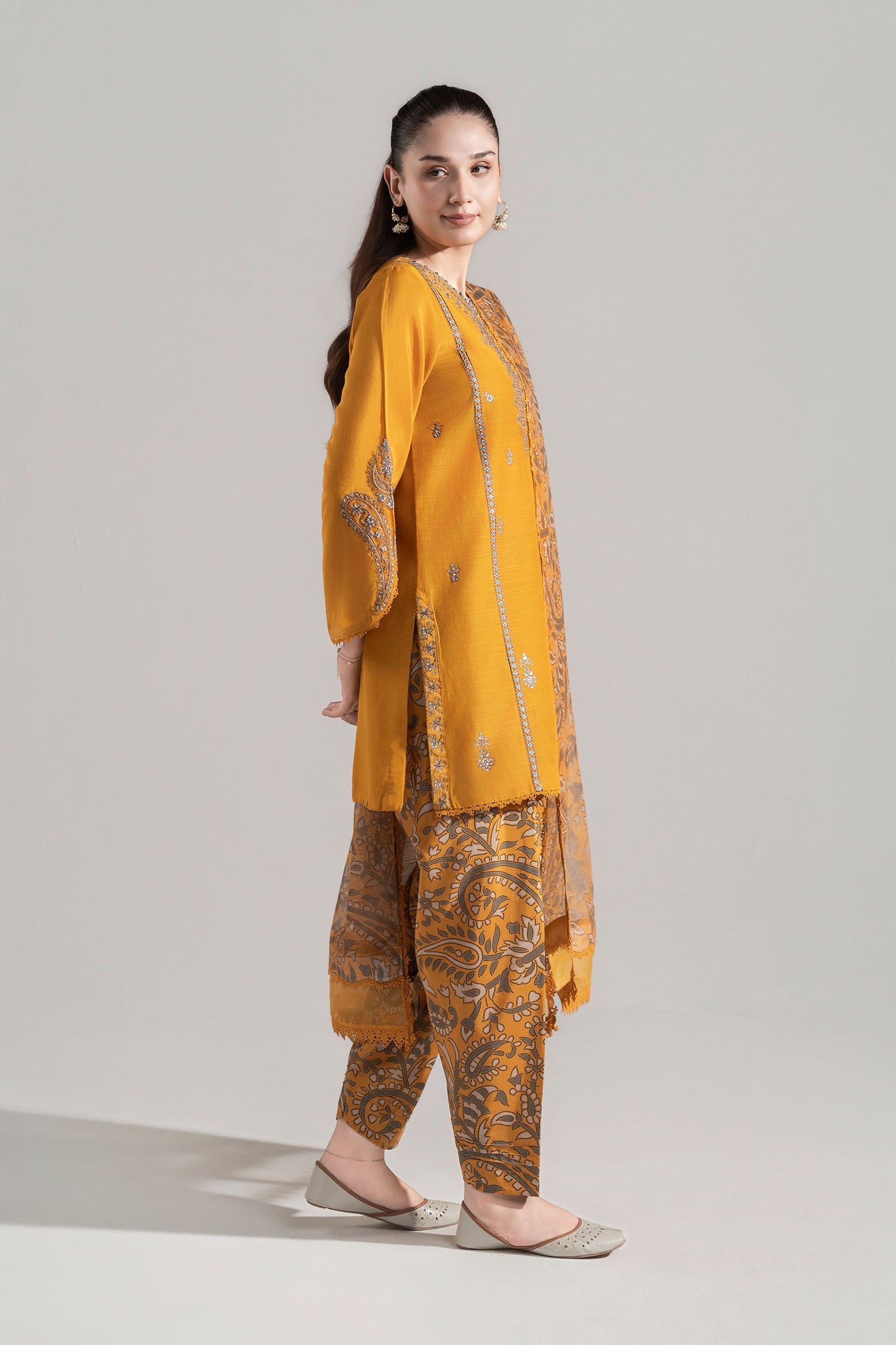 3 Pc Embroidered Shiny Silk Slub Suit